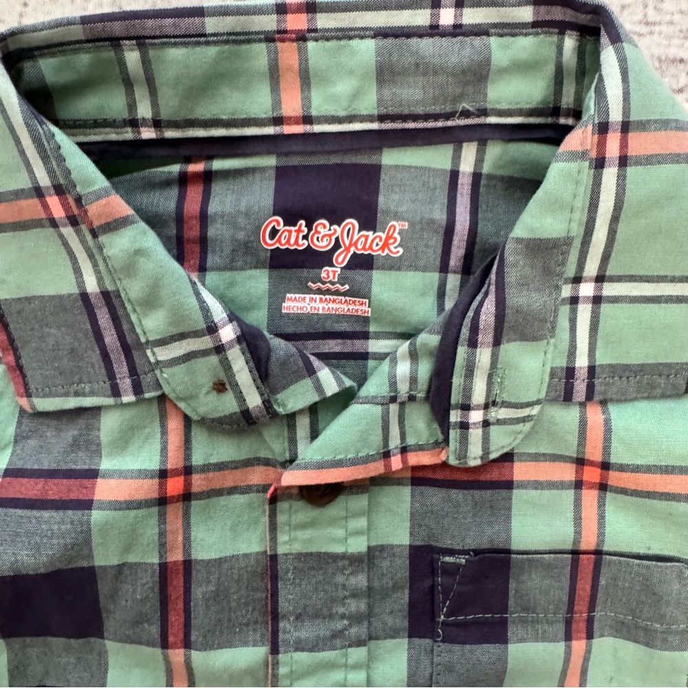 Cat & Jack Boys Green Plaid Button Down Shirt 3T NWT Stretch - Picture 3 of 7